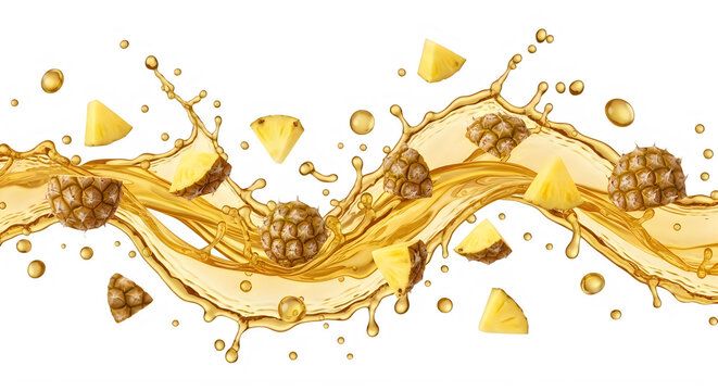 Pineapple chunks and juice splash isolated on transparent background