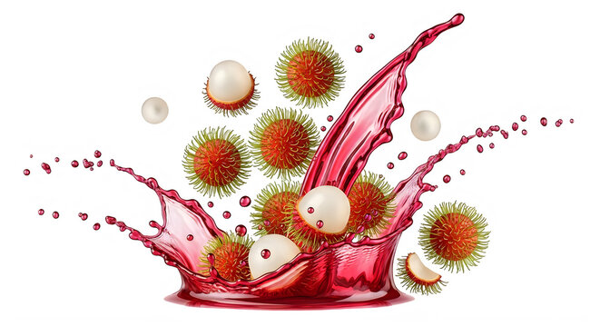 Rambutan fruit splash dynamic liquid burst with whole and split fruits isolated on transparent background