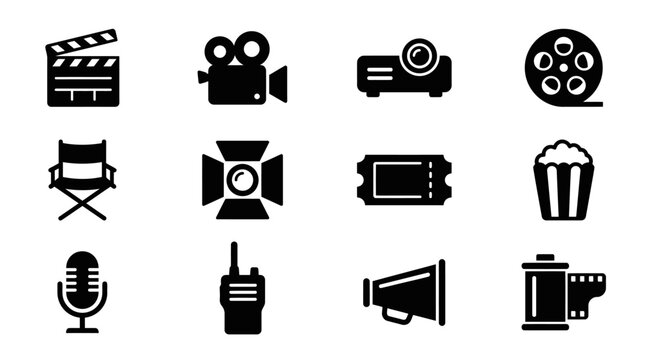 Set of Flat Black Movie Industry and Cinema Production Icons