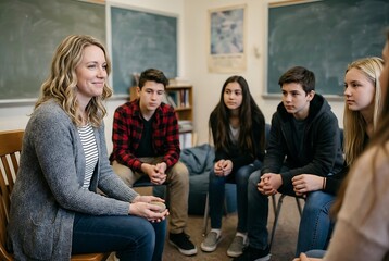 Fototapeta premium Teacher facilitating group session with teenagers, discussing ideas and sharing thoughts in a supportive learning environment.