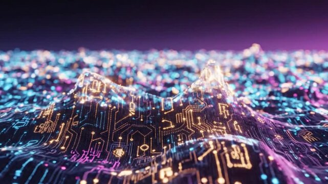 Dynamic futuristic topography made of illuminated circuit board elements, visualizing big data, artificial intelligence, and digital connectivity in a vibrant abstract landscape