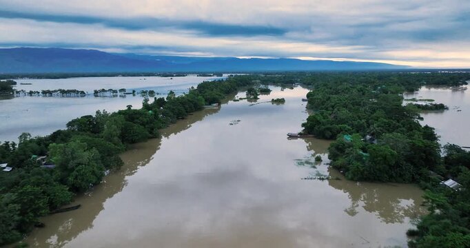 Aerial view of the vast Tanguar Haor wetlands with dense green forests and distant mountains under a cloudy sky in Sunamganj District, Sylhet Division, Bangladesh.