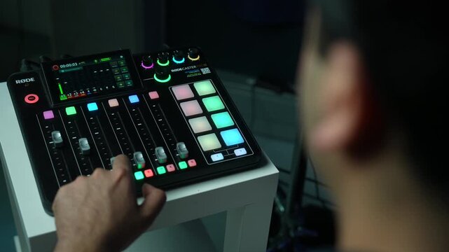 Over the shoulder shot of a sound engineer adjusting volume sliders on a digital mixing console in a podcast studio. Audio production, broadcasting workflow and voice recording concept