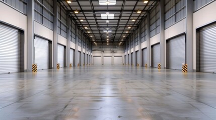 Naklejka premium Vast Empty Warehouse Interior with High Ceilings and Industrial Lighting for Storage and Distribution Use
