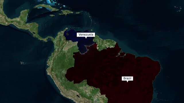 Satellite map animation of the border between Brazil and Venezuela highlighting South American geography