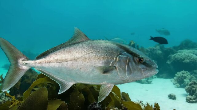 amberjack fish underwater close up swimming in atlantic ocean video