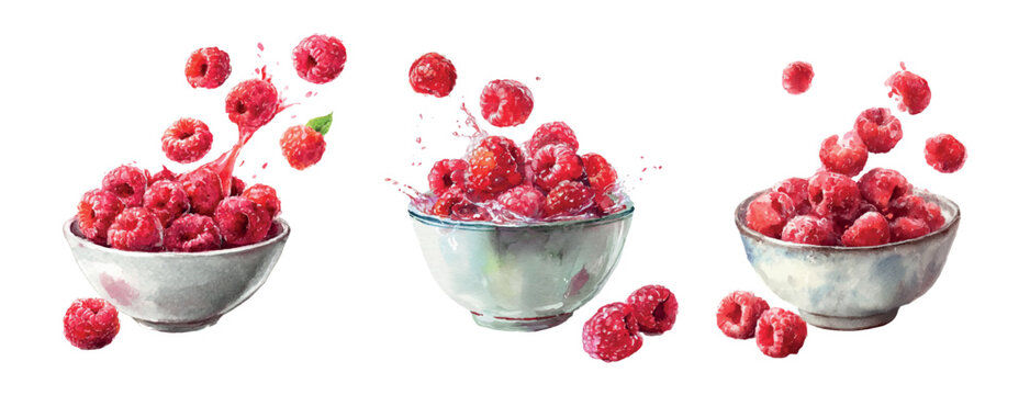 Ripe raspberries falling and splashing into rustic bowls, illustrating natural freshness, health, and a sweet, juicy flavor, isolated on a white background