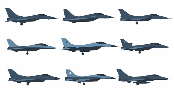 Pixel art depicts nine fighter jets in three rows, side-view profiles