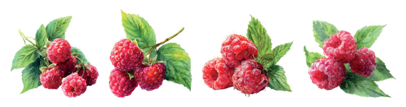 Fresh red raspberries with green leaves artfully arranged in a watercolor style, highlighting healthy eating, organic food, and natural sweetness