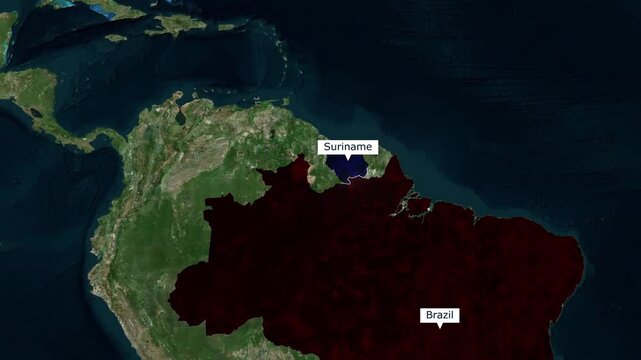 Satellite map animation of the border between Brazil and Suriname highlighting South American geography
