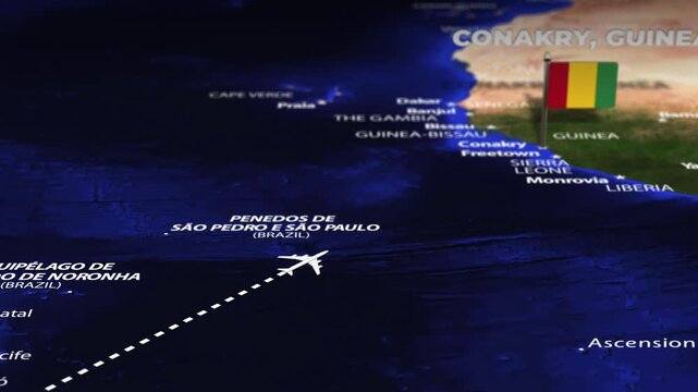 Flight From Rio Brazil to Conakry GUINEA with flag pins