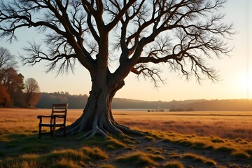 Naklejka premium Trauer unter altem Baum mit leerem Stuhl im Abendlicht
