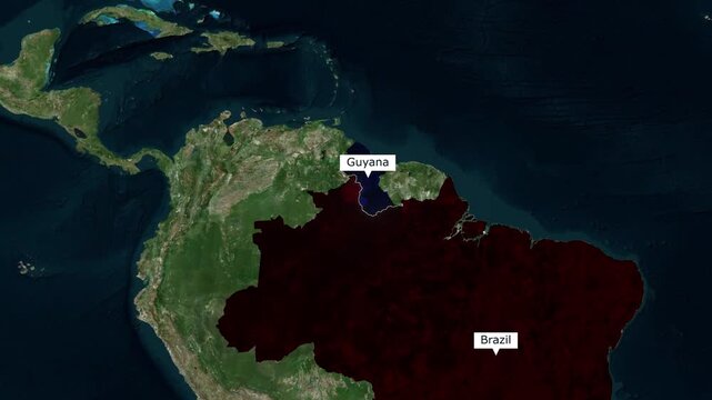 Satellite map animation of the border between Brazil and Guyana highlighting South American geography
