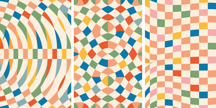 wavy checkerboard pattern triptych geometric abstract colorful