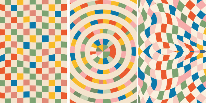 wavy checkerboard patterns triptych geometric abstract design