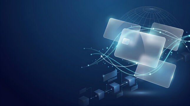 Abstract CBDC banner with glass payment cards, ledger blocks, and copy space for fintech ads, policy events, banking presentations, and education.