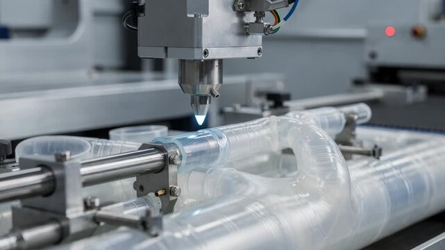 Medium shot illustrating ultrasonic welding bonding overflow tube fixtures emphasizing efficient plastic joining technology in automated production line