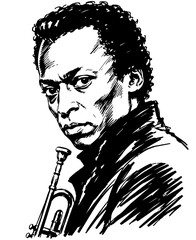 Miles Davis Hand-Drawn Ink Vector Portrait Illustration Isolated on Transparent Background © Lora Bach