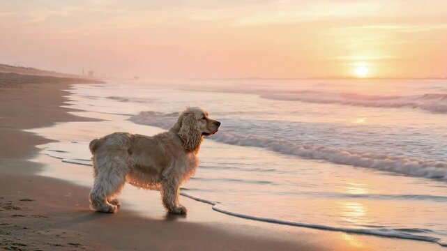 american cocker spaniel on united states beach in morning light video 4K