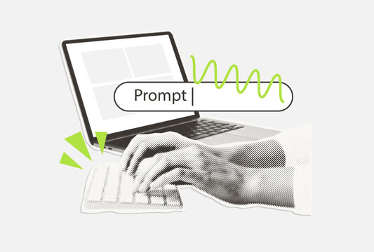 Retro halftone cutout composition with hands typing on laptop keyboard and AI prompt input bar on gray background - artificial intelligence engineering and neural network generation design template.