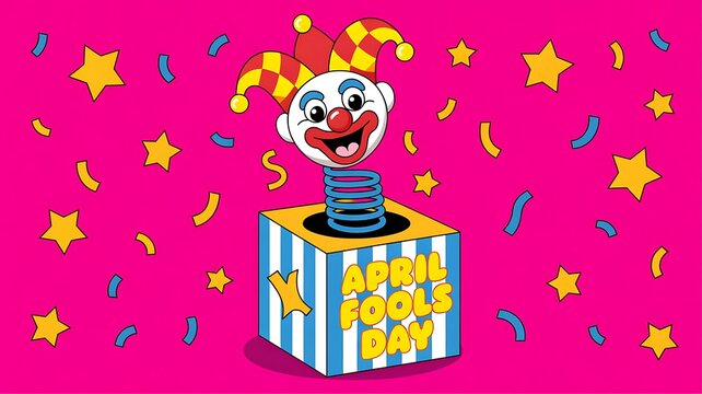 April Fools Day Jack in the Box Clown Illustration on Bright Pink Festive Background