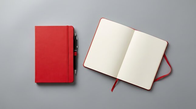 Top view of red notebook and open journal with blank pages lying on grey surface representing education planning study business note taking and organized creative work space.