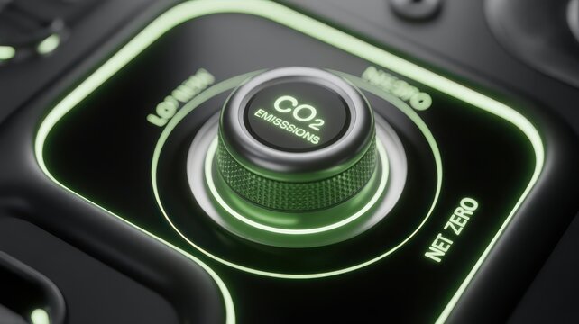 Close-up of a CO2 Emissions control knob glowing green with Net Zero target