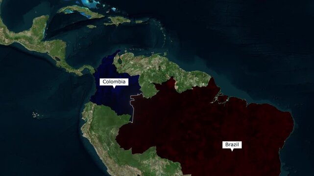 Satellite map animation of the border between Brazil and Colombia highlighting South American geography