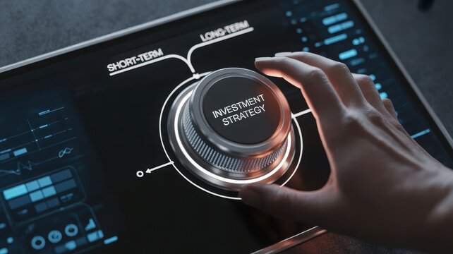 Hand turning Investment Strategy knob on digital screen with Short-Term and Long-Term options