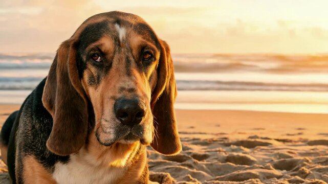 american coonhound close up at outer banks beach north carolina golden light video 4K