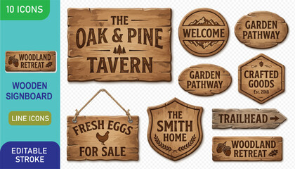 Obraz premium Collection of rustic wooden signs for garden, home, and trail, including welcome, pathway, and sale signs, with editable text and various shapes.