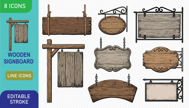 A set of eight editable wooden signboard icons in various shapes and styles, including rustic wooden signs with metal brackets and decorative tops, perfect for branding and advertising materials.
