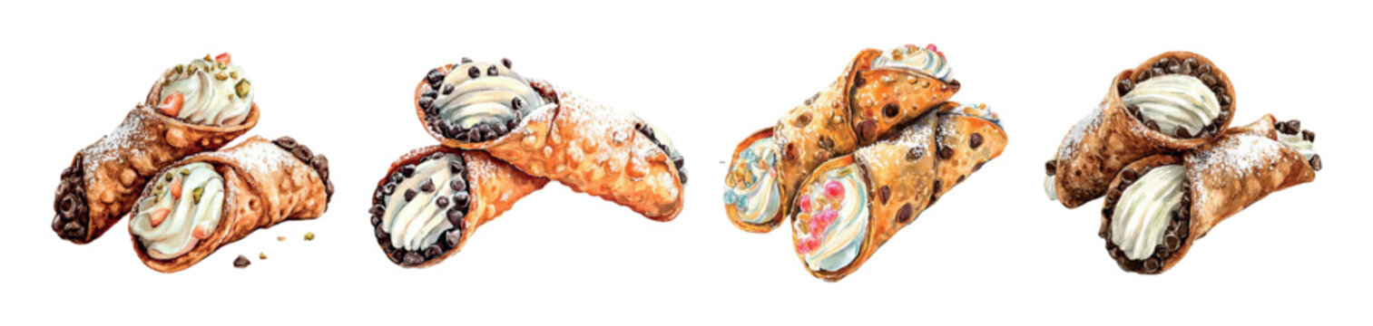 Italian cannoli pastries watercolor illustration collection displaying sweet ricotta cream fillings with chocolate chips, pistachio, and candied fruit toppings, finished with powdered sugar