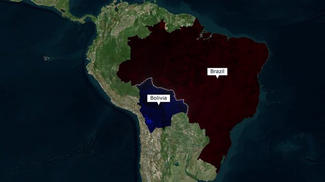 Satellite map animation of the border between Brazil and Bolivia highlighting South American geography