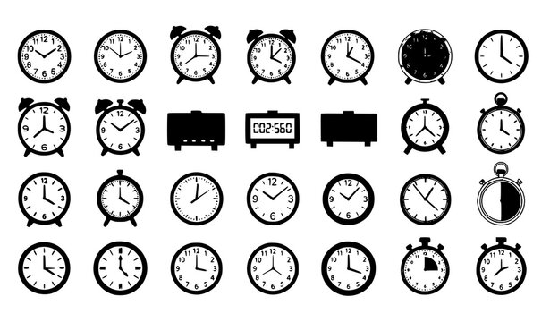 Modern flat clock icon vector set with analog and digital timepiece collection