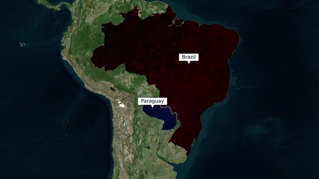 Satellite map animation of the border between Brazil and Paraguay highlighting South American geography