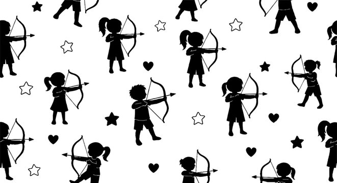 Cute Silhouette Cupid Children with Bows and Arrows Pattern.