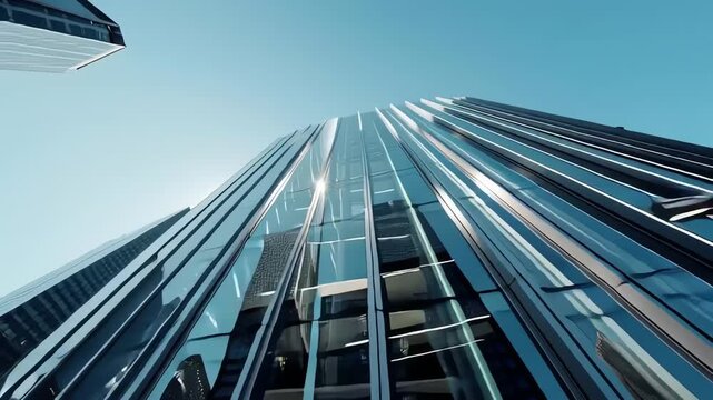 Modern skyscraper with reflective glass facade under clear blue sky