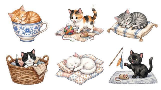 cute playful sleeping kittens and cats watercolor clipart collection