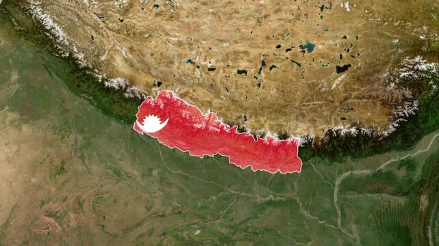Animated map overlay highlights Nepal's unique geographical location within the Himalayan mountain range video footage