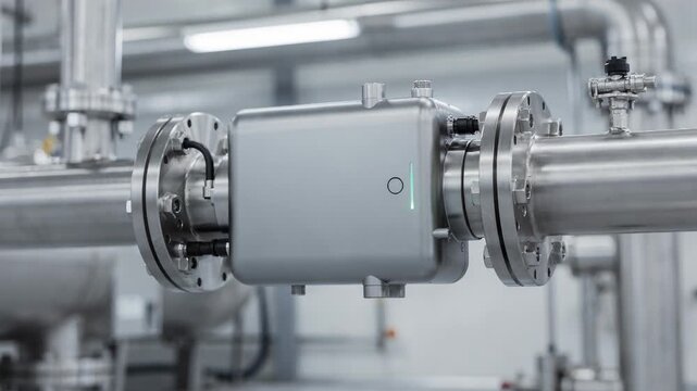 Medium shot of a compact inline analyzer with sleek housing installed on an industrial process line demonstrating continuous measurement of fuel impurities and composition