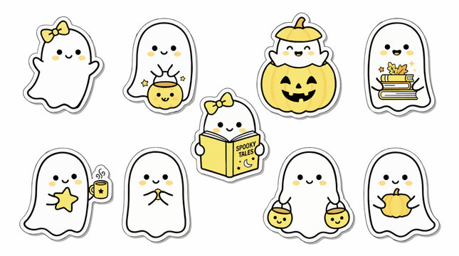 Cute Kawaii Halloween Ghosts Illustrations, Various Poses with Pumpkin, Candy Buckets, Books, and Coffee, Flat Design Vector Graphics