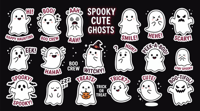 Set of Cute Cartoon Ghosts with Halloween Phrases, Flat Design Vector Illustration, Spooky and Playful Characters