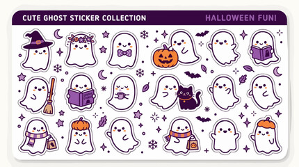 Obraz premium Cute Halloween Ghost Sticker Collection with Pumpkins, Bats, and Witch Hat, Flat Vector Illustration with Festive Elements and Copy Space