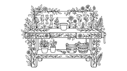 Fototapeta premium Garden Workbench with Tools and Flowers Coloring Page Illustration