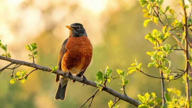 american robin on branch at central park new york golden morning sunlight video 4K