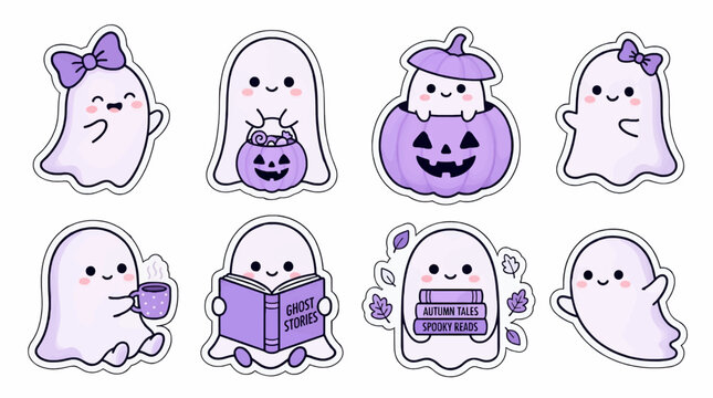 Cute Kawaii Style Ghost Illustrations for Halloween, Featuring Ghosts with Pumpkins, Books, Coffee, and Candy, Flat Design Vector Graphics