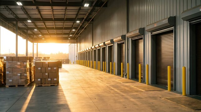 Loading docks at large industrial warehouse facility with roller shutter doors and yellow safety bollards under sunset light showing logistics and distribution hub.