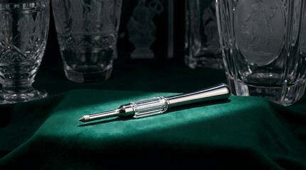 Naklejka premium Close-up of glass engraving tool resting on dark green velvet fabric in dim lighting