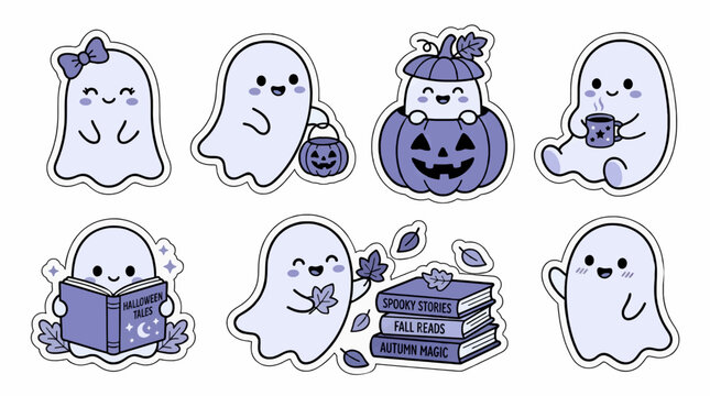 Cute Kawaii Halloween Ghosts Illustrations with Pumpkins, Books, and Autumn Leaves, Flat Vector Graphics for Spooky Season Design